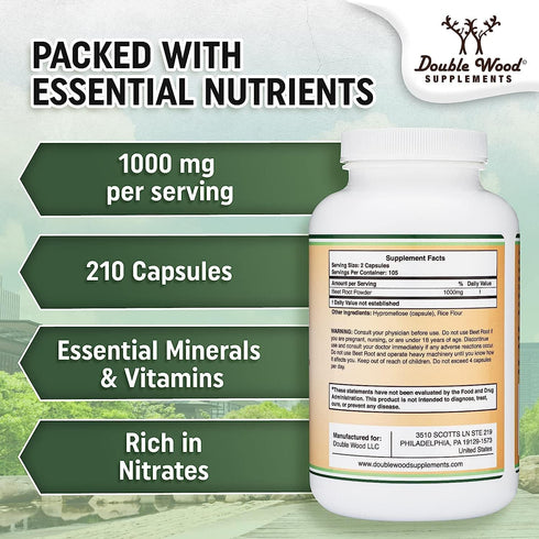 Beet Root Powder Capsules, Organic and Vegan, 210 Count, 1,000mg Per Serving for Overall Health Support