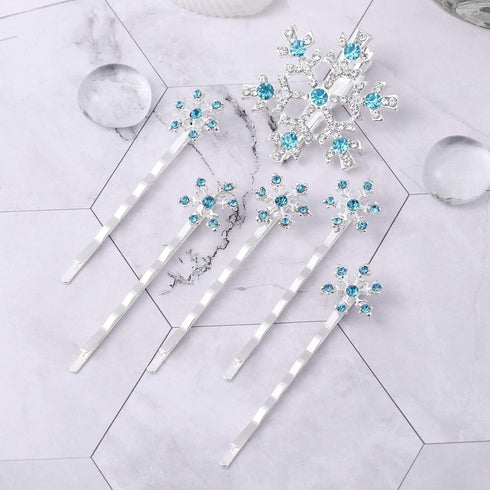 Lurrose Snowflake Hair Clip, 6PCS Rhinestone Bridal Hairpin, Blue Snowflake Hair Barrettes for Wedding and Christmas
