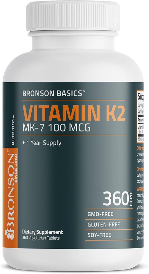 Bronson Vitamin K2 MK-7 100 MCG, 360 Tablets - Bone Support, 1 Year Supply of K2 as MK7 Menaquinone