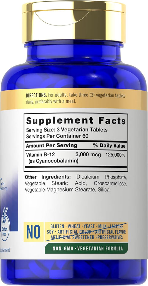 Carlyle Vitamin B-12 3000mcg | 180 Tablets for Adults | Vegetarian, Non-GMO & Gluten Free Supplement