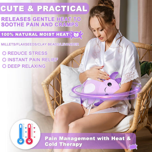 Microwavable Heating Pads for Cramps, Cute Stuffed Animals Moist Heat Pad for Menstrual Relief (Purple Axolotl)