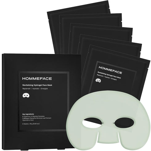 HommeFace Revitalizing Hydrogel Facial Mask Set for Men, 5ct Hydrating Anti-aging Face Sheet Mask with Hyaluronic Acid