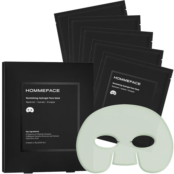 HommeFace Revitalizing Hydrogel Facial Mask Set for Men, 5ct Hydrating Anti-aging Face Sheet Mask with Hyaluronic Acid