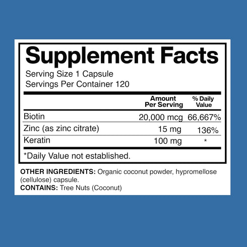 Biotin 20,000mcg with Keratin, Coconut Powder, and Zinc - Hair Growth Supplements for Healthy Hair, Skin & Nails