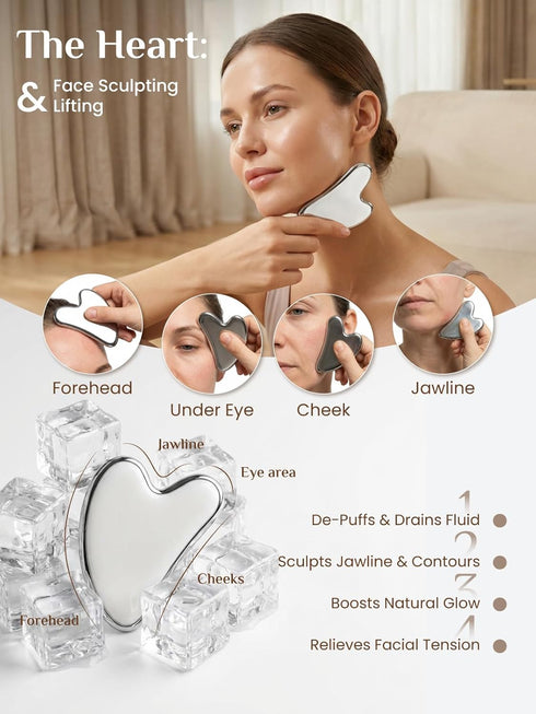 Set (2-Piece Rena Chris Gua Sha & Muscle Scraper Tool, Stainless Steel Face & Body Gua Sha for Lymphatic Drainage