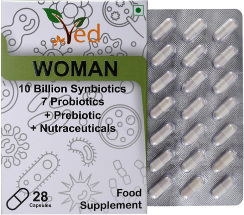 Ved Woman Complex Probiotics and Prebiotics Complex - 10 Billion CFU - 20 Live Bacterial Cultures - 28 Probiotic Complex Capsules for Children - Lactobacillus crispatus, Silicon dioxide.
