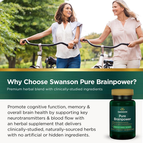 Swanson Pure Brainpower Cognitive Memory Focus Support Supplement, 60 Veggie Capsules with Ginkgo Biloba, Bacopa