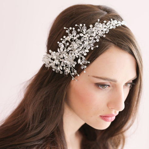 Kercisbeauty Handmade Bridal Rhinestones Flower Side Headband, Spring Headpiece Hair Vine Accessories, Rose Gold