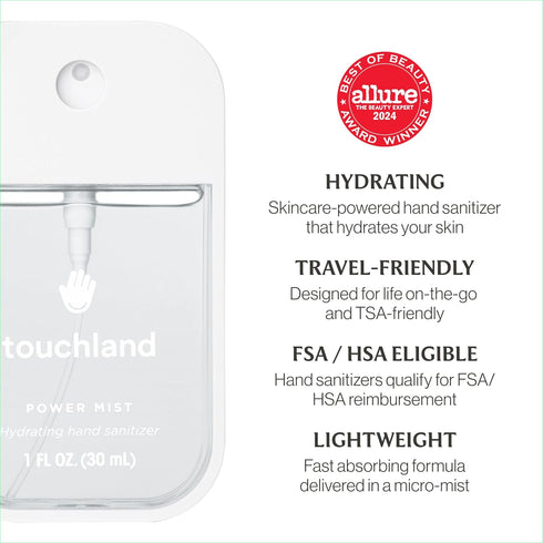 Set 3 1 OZ Touchland Hydrating Hand Sanitizer Spray Dye Free Trio (Rainwater, Unscented, Beach Coco) x FL Mini Travel