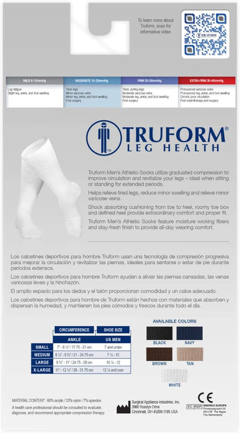 Truform Compression Socks, Men's Crew Length, 15-20 mmHg, White, Small, Pack of 2