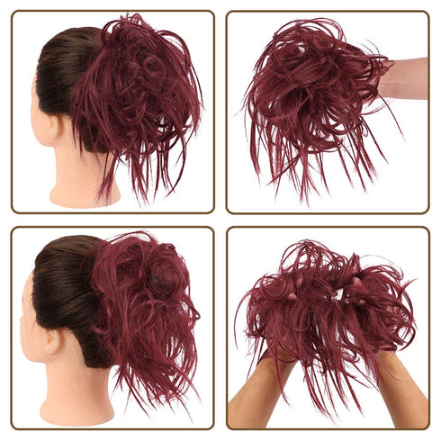 HMD Tousled Updo Messy Bun Hairpiece - Synthetic Hair Extensions with Elastic Rubber Band for Women