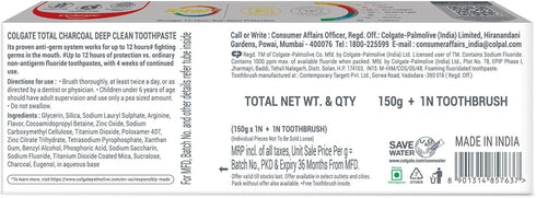Pack 2X150 G/5.2 oz 2 2 Colgate Total Charcoal Toothpaste Saver - - Plaque, Clean, Anti-Cavity, Toothpaste + Brush Free