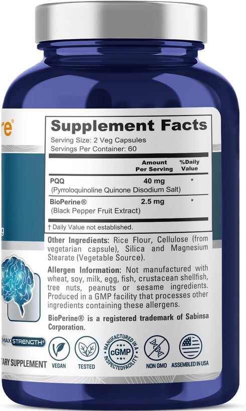 NusaPure PQQ Supplement 40 mg, 120 Veggie Capsules, Non-GMO, Pyrroloquinoline Quinone Disodium Salt, Bioperine