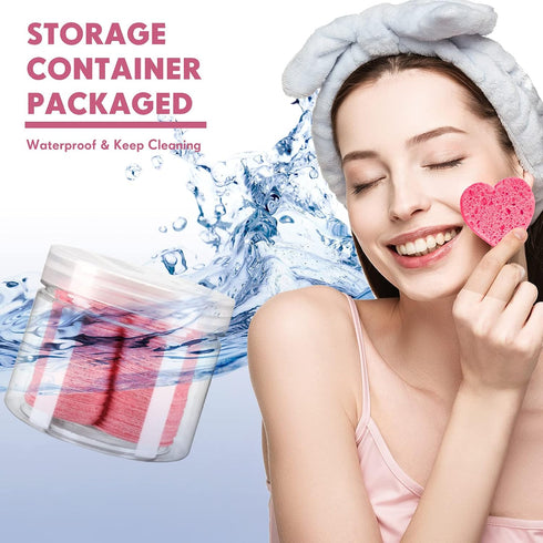 Nuenen 60 Pieces Facial Sponges with Container - Heart Shape Compressed Face Sponges for Washing Face Cleaning