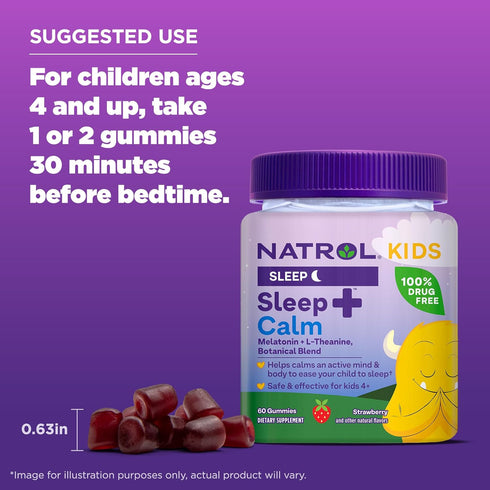 Natrol Kids Sleep+ Calm - Melatonin and L-Theanine Sleep Gummies for Kids, 60 Strawberry-Flavored Gummies