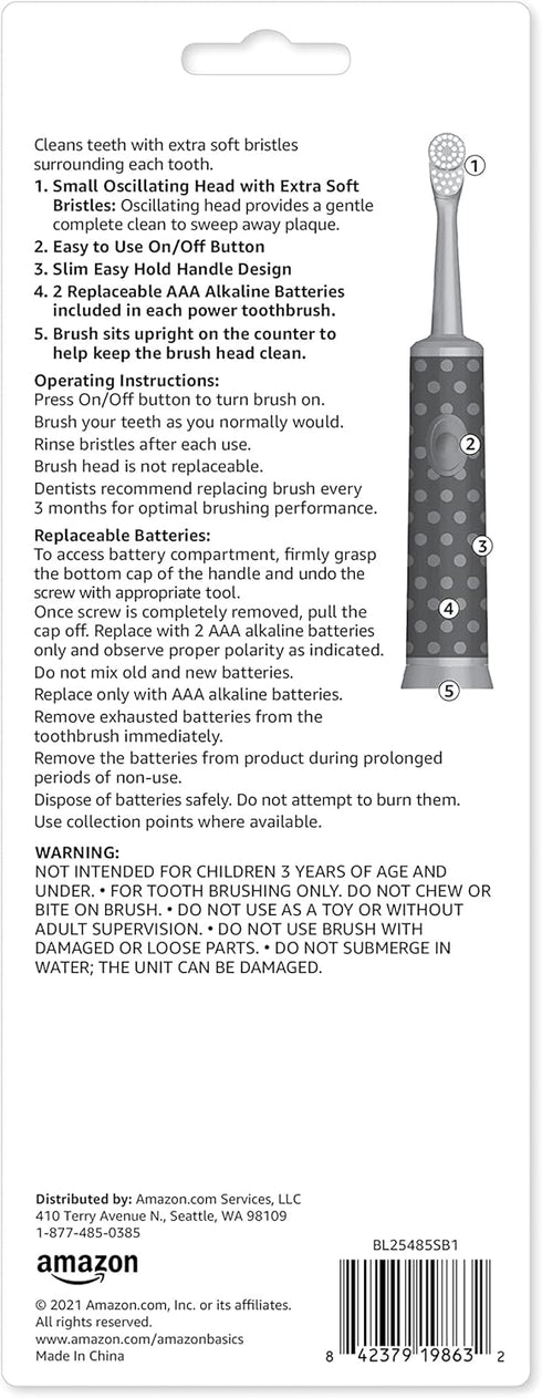Amazon Basics Kids Toothbrush, Battery Powered, 2 Count, Yellow & Blue (Previously Solimo)