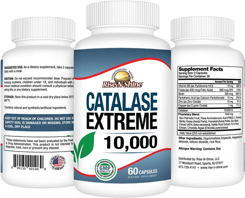 Rise-N-Shine Catalase Extreme Supplement 10,000 - 60 Capsules with Saw Palmetto, Biotin, Fo-Ti, PABA