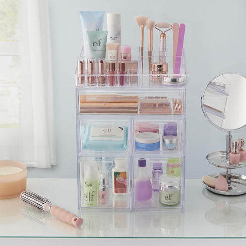 STORi Audrey Stackable Clear Bin Plastic Organizer Drawers | 2 Piece Set | Organize Cosmetics and Beauty Supplies on