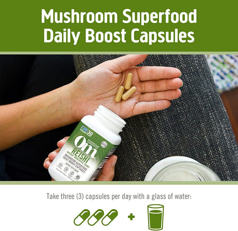 OM MUSHROOM SUPERFOOD Reishi Mushroom Capsules, 90 Count, Organic Adaptogen for Stress Relief and Immune Health