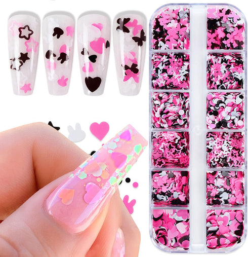 Holographic Nail Art Glitter Sequins, 3D Pink Black Flakes Designs, Love Heart Butterfly Star Floral Supplies for Women