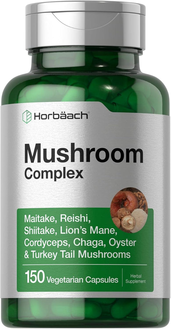 Horbaeach Mushroom Complex Capsules | 150 Count | Non-GMO, Gluten Free | Reishi, Chaga, Lions Mane