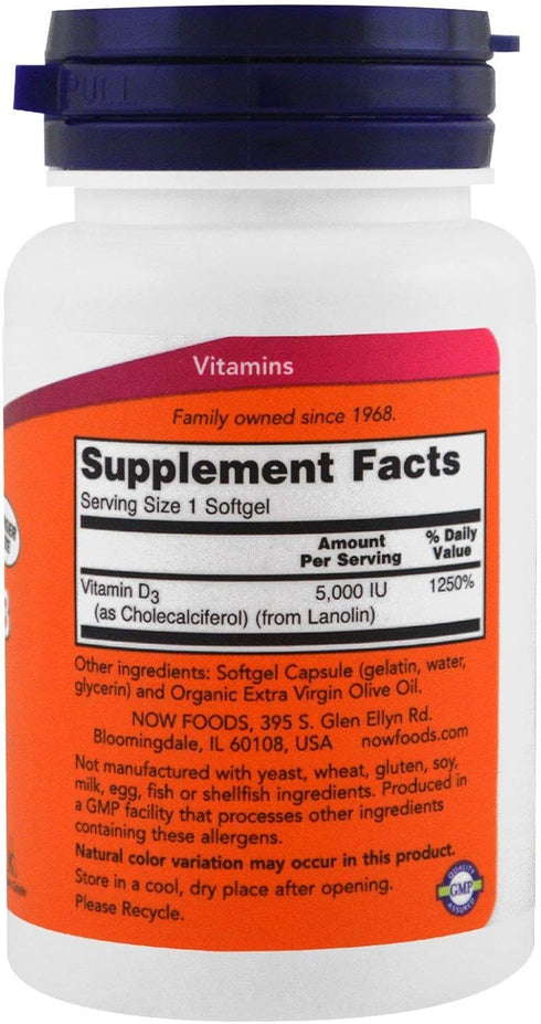 Now Foods Vitamin D-3 5,000 IU, High Potency, 240 Softgels (4 Pack)
