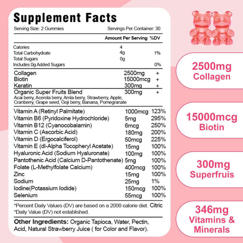 2 Pack Collagen Gummies with Biotin & Keratin - 60 Natural Strawberry Flavored Gummies Supplement