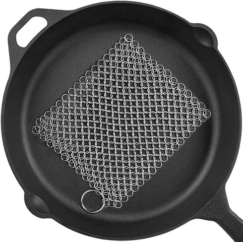 Cast Iron Cleaner 8"x6" Chainmail Scrubber, 316L Stainless Steel for Griddle, Skillet, Dutch Oven, Wok