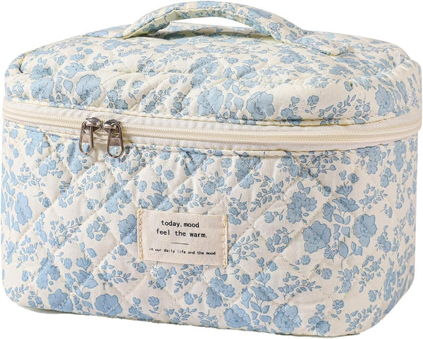 Large Travel Quilted Makeup Bag for Women, Floral Cotton Cosmetic Bag, Aesthetic Floral Toiletry Organizer