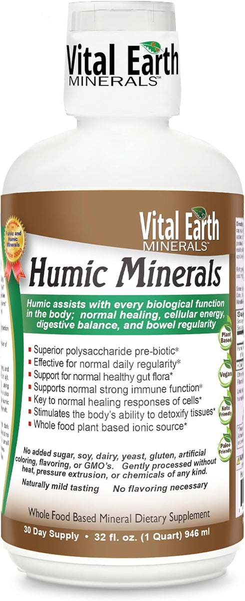 Vital Earth Minerals Humic Minerals – Fulvic Acid Supplement with 70+ Trace Minerals, 32 Oz + 1 Oz Cup