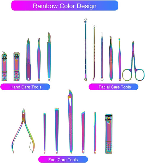 SFYDOM Women's Rainbow Leather Manicure Set, 18 Pcs Rainbow Manicure Kits Nail Clippers Gift for Women