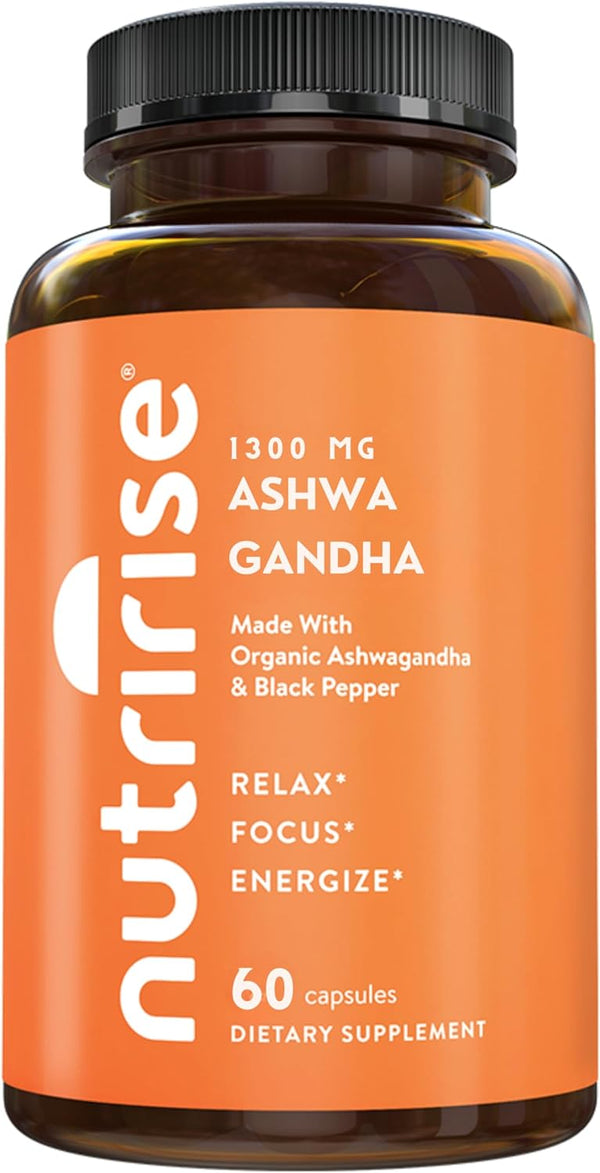 NutriRise Organic Ashwagandha Root Capsules 1300mg with Black Pepper, 60 Count, Natural Stress Support