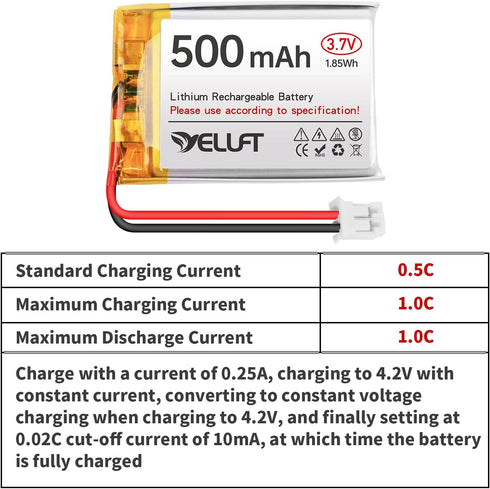 YELUFT 1pcs 3.7V 500mAh 1S 1C 602535 PH2.0 Lithium Polymer Battery Rechargeable Batteries with Protective Board