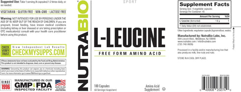 NutraBio 100% Pure L-Leucine - 180 Capsules for Muscle Recovery, Vegan, Non-GMO, Gluten Free