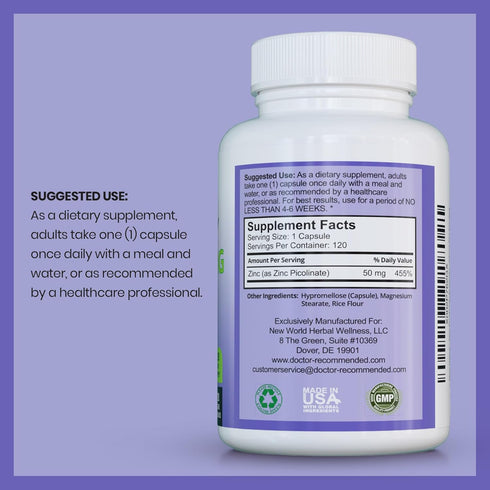 Zinc 50mg - Zinc Picolinate Immune Health Support Supplement 120 Veggie Capsules for Adults and Kids Vitamin, Well-Absorbed High Potency Pure Zinc Supplements - 50mg Per Serving