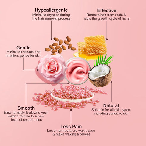Hard Wax Beads for Hair Removal, Yovanpur Wax Beads for Brazilian Waxing, Waxing Beans for Sensitive Skin, Face Eyebrow Legs At Home Pearl Wax Beads, 300g (10 Oz)/bag with 10pcs Wax Sticks(Rose Pink)