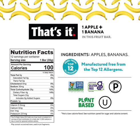 That's It Nutrition Apples + Banana 100% Natural Real Fruit Bar, Paleo, Non-GMO, Sugar-Free, 14.4 Oz, Pack of 12