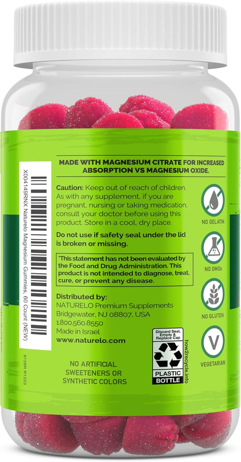 NATURELO Magnesium Citrate Gummies - for Calm & Relaxation Support, Natural Berry Magnesium Gummies, 60 Vegetarian Gummies