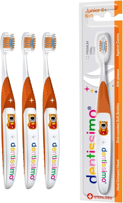 Premium Oral Care Kids Soft Junior Toothbrush for Gentle Cleansing, Ages 6 and Up, Colors May Vary, Pack of 3