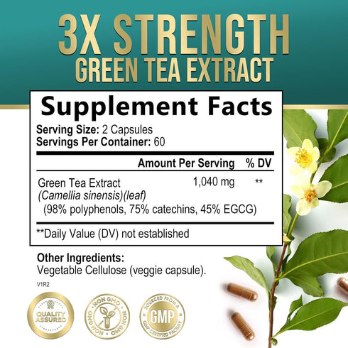 Green Tea Extract Weight Loss Pills 1000mg 98% Standardized EGCG - 3X Strength for Natural Energy - Supports Heart Antioxidant Health with Polyphenols, Vegan Herbal Supplement, Non-GMO - 120 Capsules