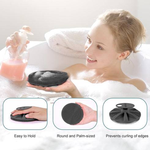 INNERNEED Food-grade Soft Silicone Body Scrubber Shower Brush, Gentle Exfoliating and Lather Well (Black+Gray)