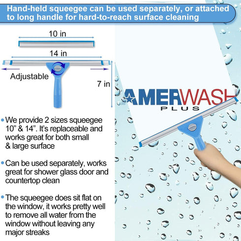 Window Squeegee Washing Kit for High Windows, Shower Glass Door, Mirror Cleaning, with 69-inch Extension Pole & 2