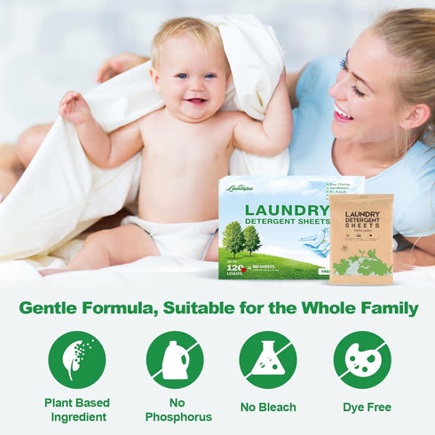 Laundry Detergent Sheets, Eco-Friendly & Hypoallergenic, 60 Sheets (120 Loads), Fresh Scent, No Plastic Jug