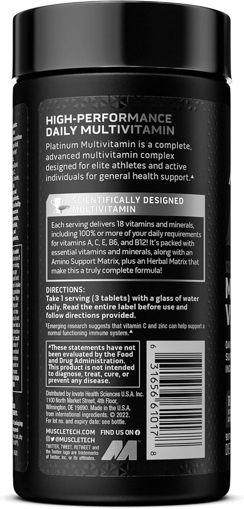 MuscleTech Platinum Multivitamins for Men & Women - Daily Workout Supplement for Immune Support, 90 Capsules