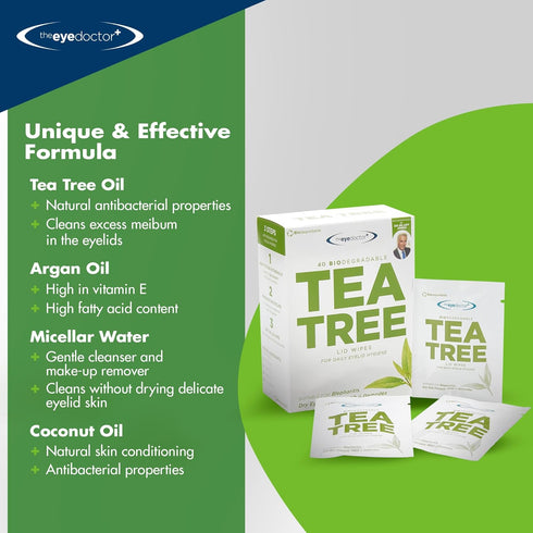 The Eye Doctor Tea Tree Eyelid Wipes, 40 Cleansing Lid Wipes for Dry Eye Blepharitis MGD & Demodex