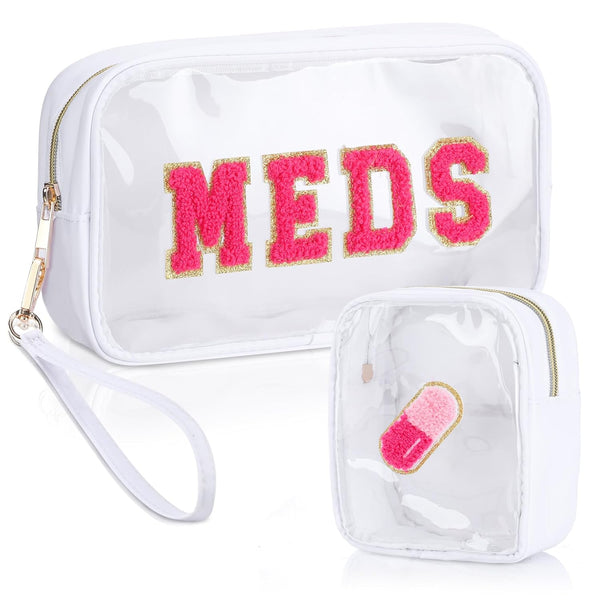 Hillban 2 Pcs Medicine Bag, Chenille Letter Preppy Clear Makeup Meds Travel Bag, PVC Transparent Cosmetic Pouch Set