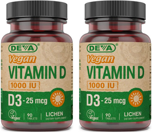DEVA Vegan Vitamin D3 Supplement - 1000 IU Cholecalciferol, Lichen Plant Derived - Once-Per-Day Tablet, 90 Small