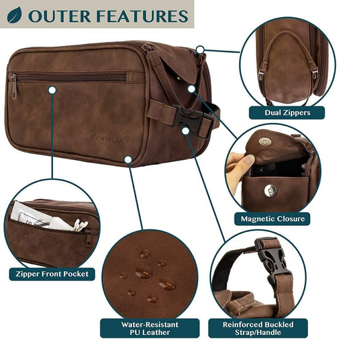 PAVILIA Toiletry Bag for Men, Dark Brown Travel Essentials Shaving Dopp Kit, Organizer Case for Grooming