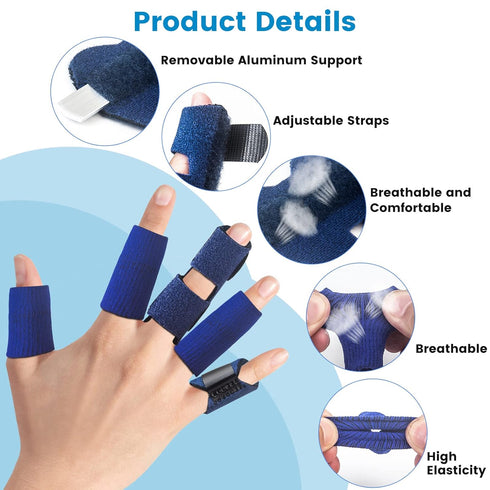 Finger Splint Set of 2, Trigger Finger Brace with 10 Nylon Sleeves for Sport Injuries and Swelling, Blue