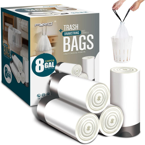FORID Medium Drawstring Trash Bags, 120 Count, 8 Gallon White Disposable Can Liners for Home Office